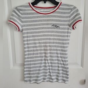 Tommy Hilfiger Women's Gray White Red Hem Striped Short Sleeve Tee XS